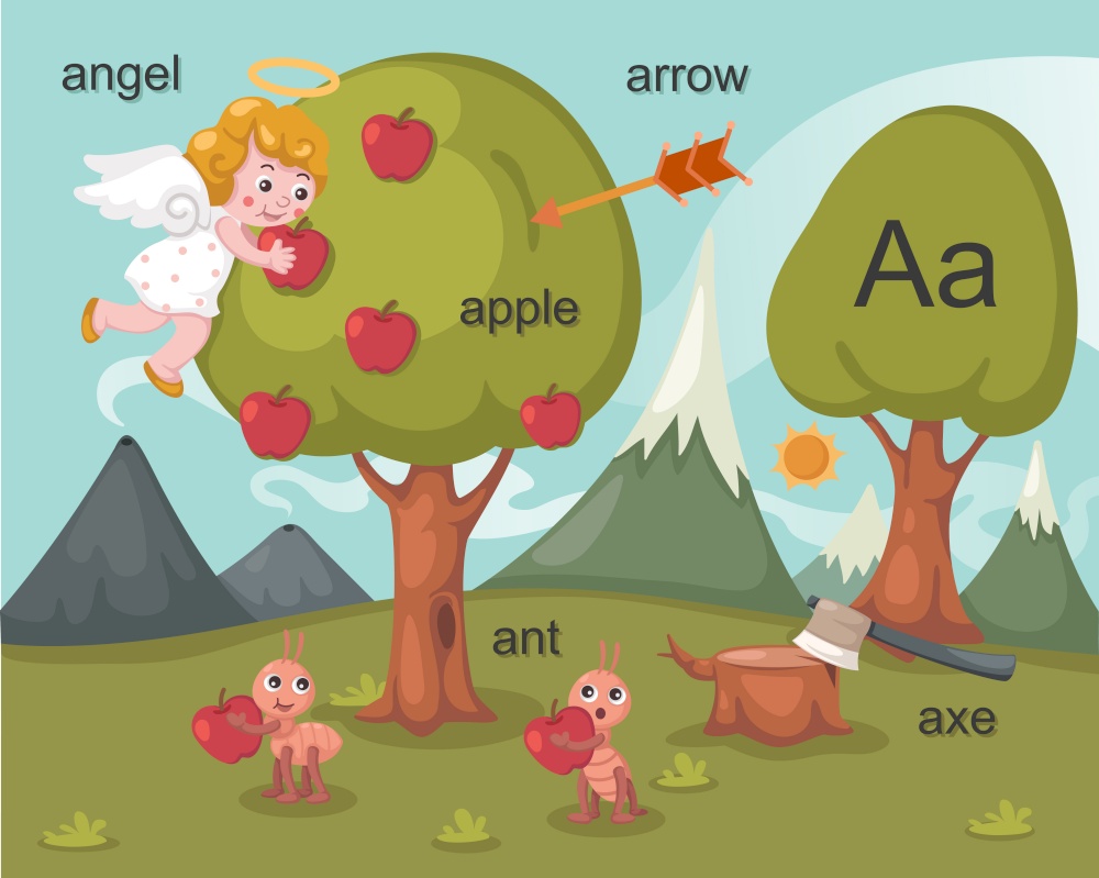 Alphabet.A letter.angel,apple, arrow,ant,axe.