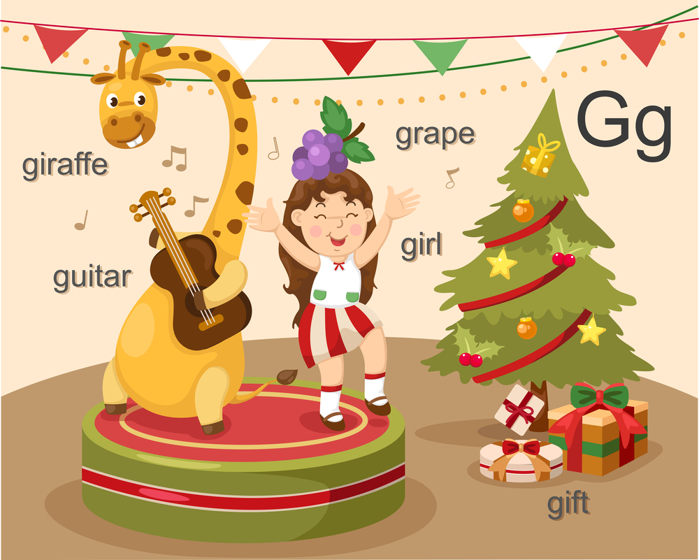 Alphabet.G letter.giraffe,guitar,girl,grape,gift.
