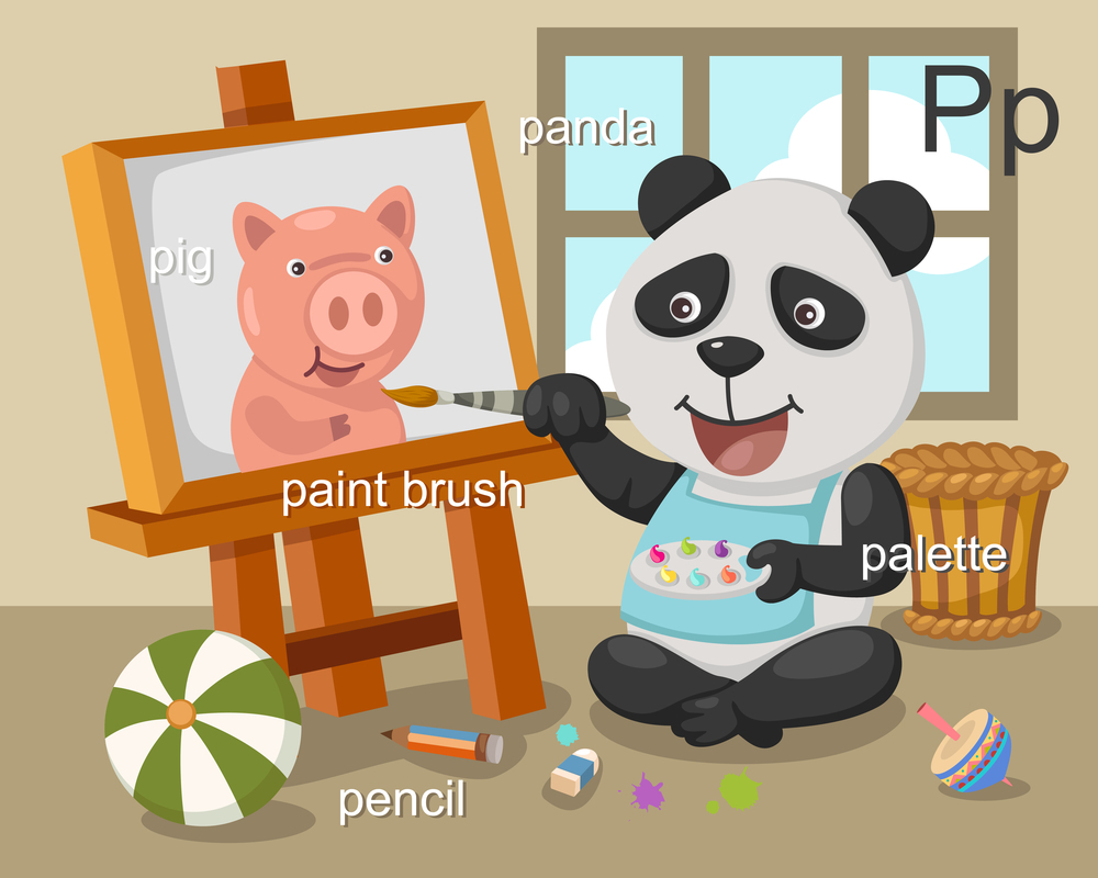 Alphabet.P letter.pig,panda,pa intbrush,pencil,palette