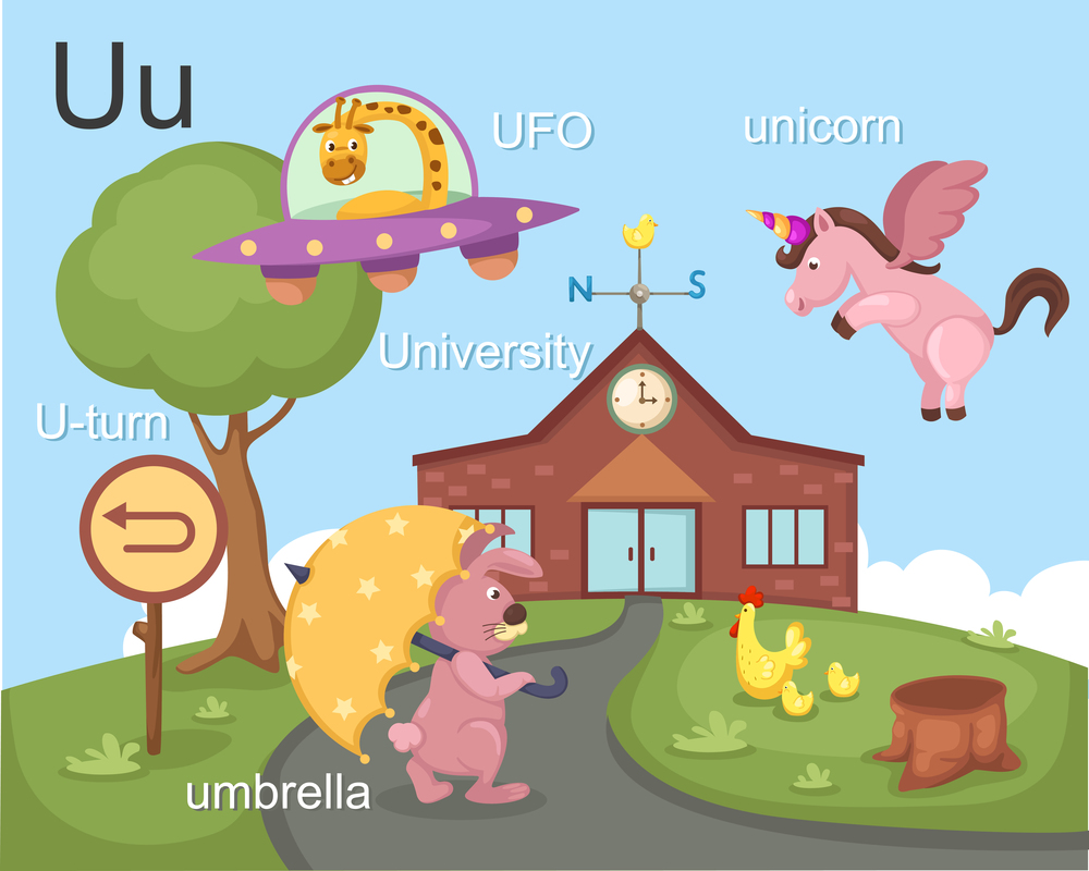 Alphabet.U letter.ufo,u-turn,umbrella,university, unicorn