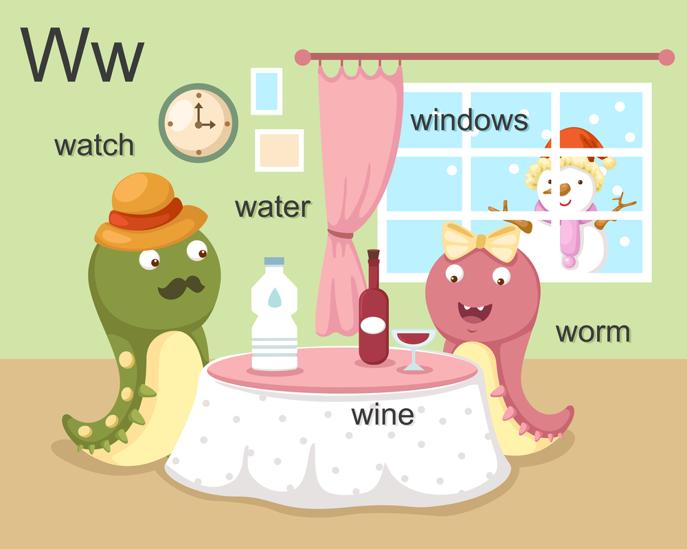 Alphabet.W letter.watch,water, wine,worm,windows.