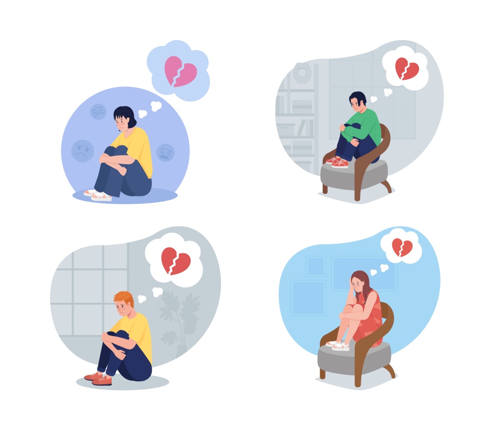 Lonely teen upset over breakup 2D vector isolated illustration set. Boy and girl depressed over heartbreak flat characters on cartoon background. Teenager problem colourful scene collection. Lonely teen upset over breakup 2D vector isolated illustration set
