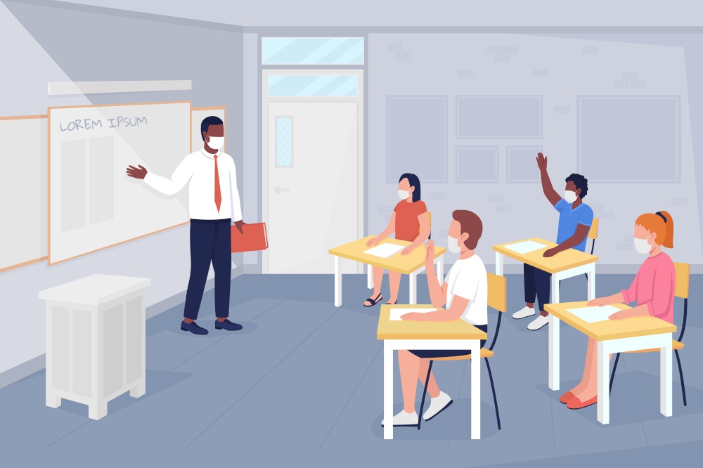 After covid school lesson flat color vector illustration. Studying and discussing. Pupil answers question. Teacher and students in masks 2D cartoon characters with interior on background. After covid school lesson flat color vector illustration