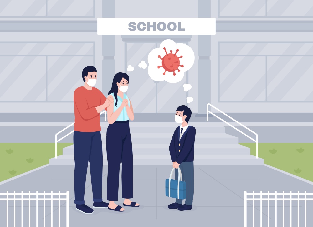 Worried parents see their son off to lessons flat color vector illustration. Group of people in face masks. Mom and dad anxious about pandemic 2D cartoon characters with school building on background. Worried parents see their son off to lessons flat color vector illustration