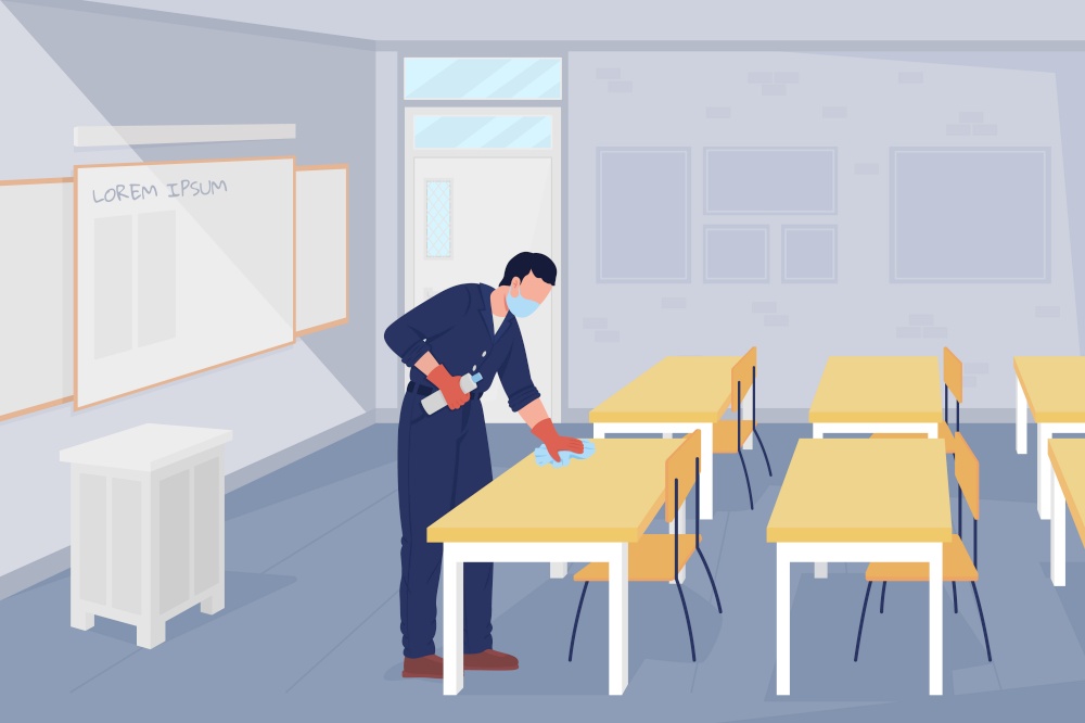 School janitor in the classroom flat color vector illustration. Take virus precaution measures. Male janitor cleaning surfaces in outfit 2D cartoon character with classroom interior on background. School janitor in the classroom flat color vector illustration