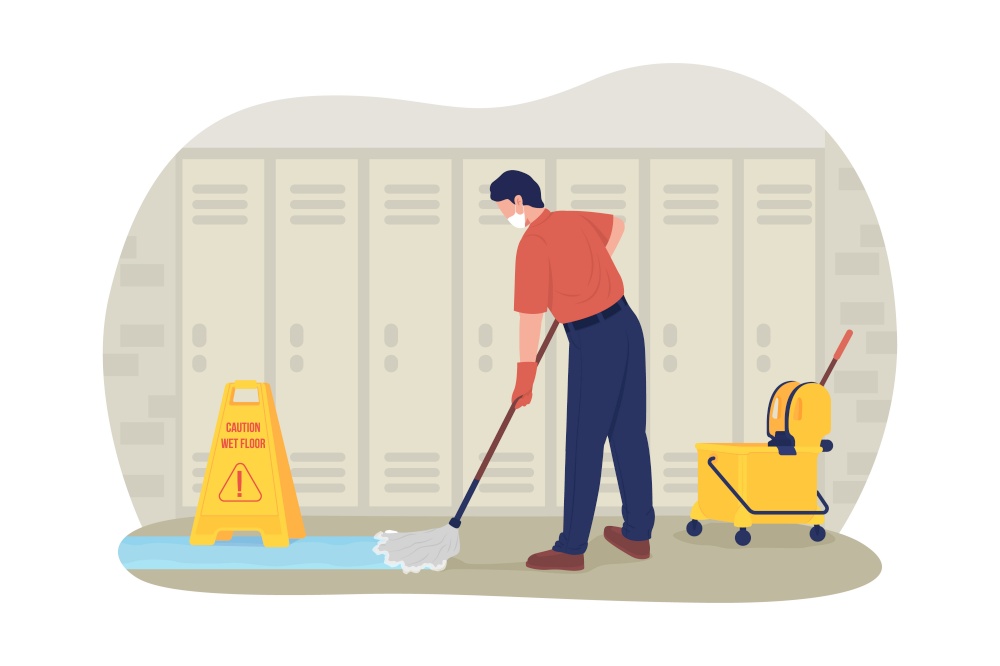 School janitor in the corridor 2D vector isolated illustration. Adult male cleaner mopping at school hallway flat characters on cartoon background. Coronovirus precaution colourful scene. School janitor in the corridor 2D vector isolated illustration