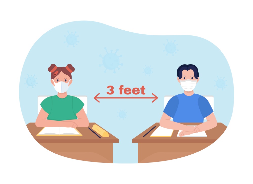 School lesson distancing 2D vector isolated illustration. Students keep social distance between their desks flat characters on cartoon background. Corona precaution measure colourful scene. School lesson distancing 2D vector isolated illustration