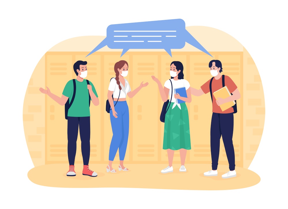 School students in the corridor 2D vector isolated illustration. Pupils chatting at school hallway flat characters on cartoon background. High school friends. Teenagers in face masks colourful scene. School students in the corridor 2D vector isolated illustration