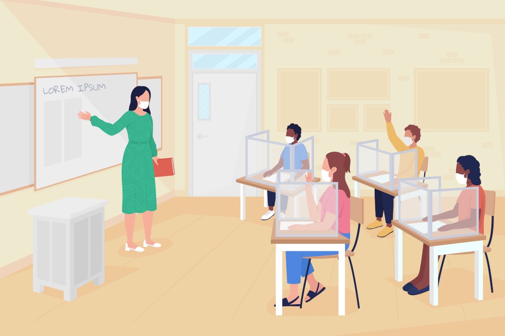 Return to school lessons after coronavirus flat color vector illustration. Infection prevention measures. Female teacher and pupils 2D cartoon characters with classroom interior on background. Return to school lessons after coronavirus flat color vector illustration