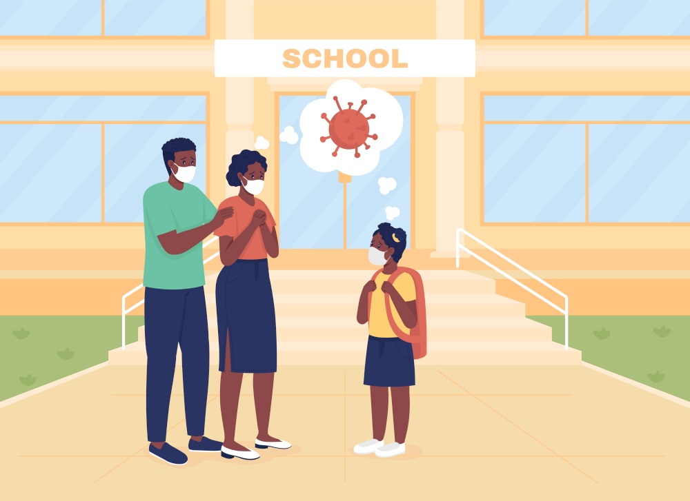 Worried parents see their daughter off to lessons flat color vector illustration. Back to school. Mom and dad anxious about pandemic 2D cartoon characters with school building on background. Worried parents see their daughter off to lessons flat color vector illustration