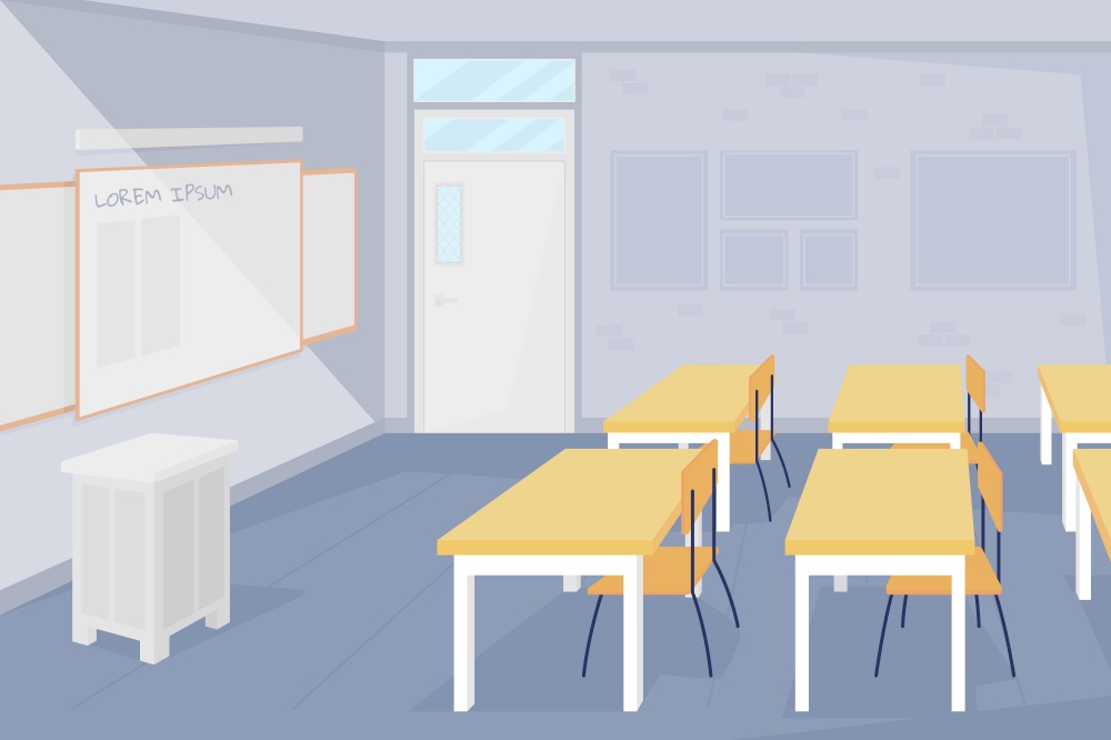 Nobody at school classroom flat color vector illustration. Lessons ban during covid. Epidemic rules and precautions. Empty class 2D cartoon interior with desks and seats on background. Nobody at school classroom flat color vector illustration