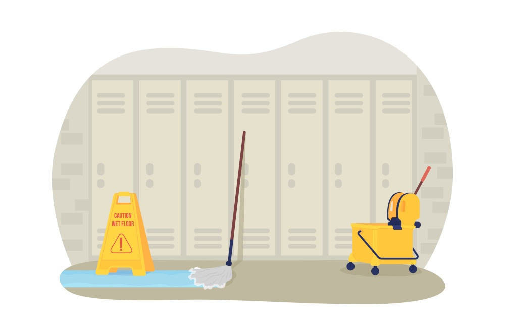 Empty school hallway 2D vector isolated illustration. Covid precaution measures. Mopping equipment at corridor flat characters on cartoon background. No students at school colourful scene.. Empty school hallway 2D vector isolated illustration