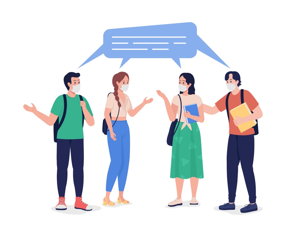 Young students chatting in masks semi flat color vector character. School pupils figures. Full body people on white. Teens isolated modern cartoon style illustration for graphic design and animation. Young students chatting in masks semi flat color vector character