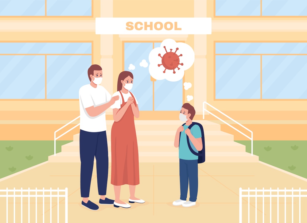 Worried parents see their son off to lessons flat color vector illustration. Corona precautions. Mom and dad anxious about pandemic 2D cartoon characters with school building on background. Worried parents see their son off to lessons flat color vector illustration