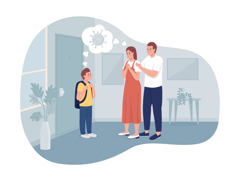 Anxious parents and their son 2D vector isolated illustration. Mom and dad worried about coronavirus flat characters on cartoon background. School student and adults maskless colourful scene. Anxious parents and their son 2D vector isolated illustration