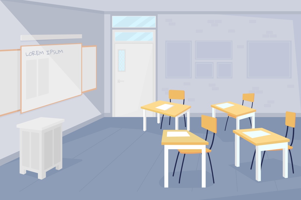 Empty classroom flat color vector illustration. Coronavirus lockdown and quarantine. Distant learning during covid. Nobody at school 2D cartoon with classroom interior on background. Empty classroom flat color vector illustration
