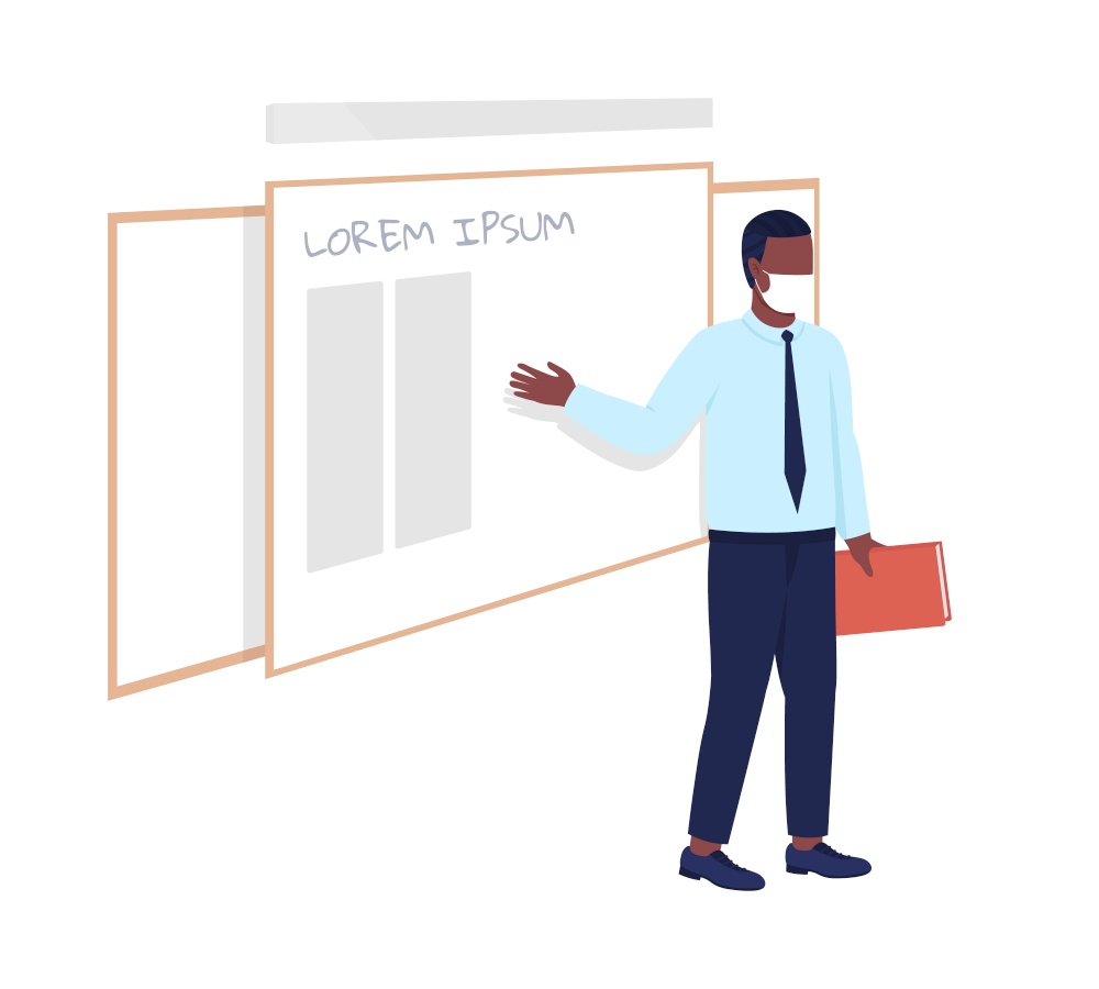 Male teacher stands in front of board semi flat color vector character. Lecturer figure. Full body person on white. Lesson isolated modern cartoon style illustration for graphic design and animation. Male teacher stands in front of board semi flat color vector character