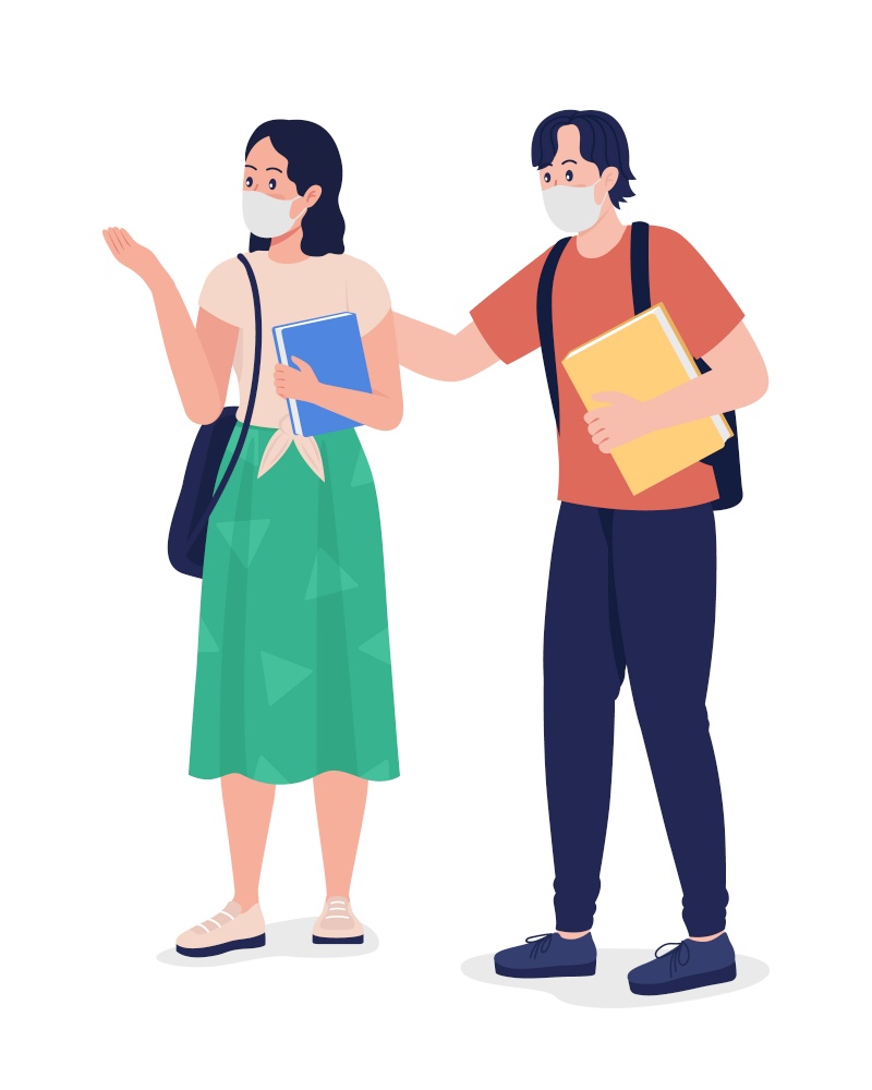 Pair of students in masks semi flat color vector character. High school pupils figures. Full body people on white. School isolated modern cartoon style illustration for graphic design and animation. Pair of students in masks semi flat color vector character