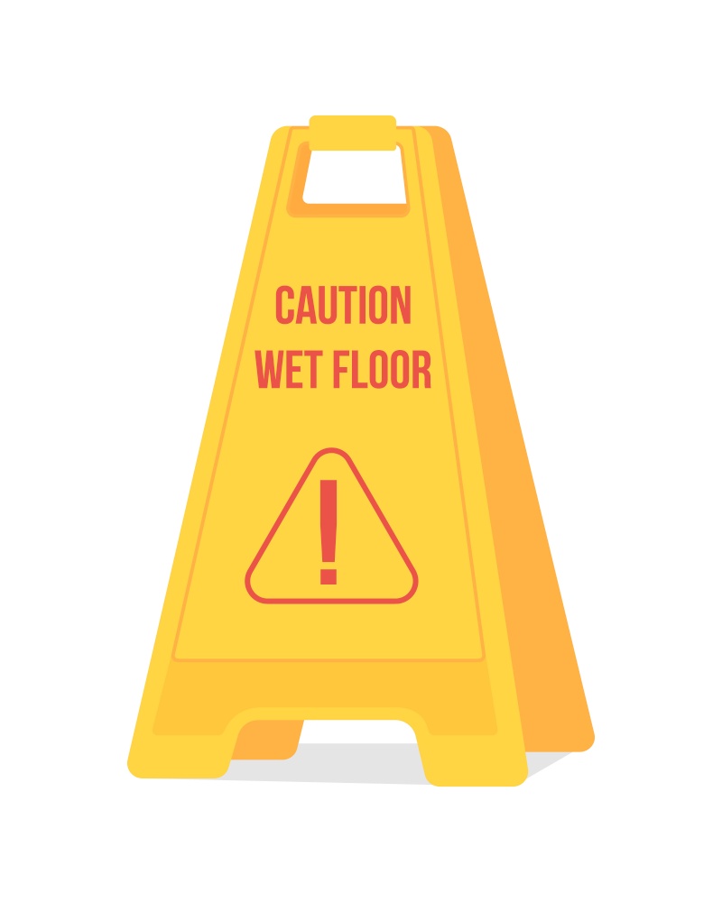 Caution wet floor sign semi flat color vector object. Falling prevention. Beware of slippery floor. Yellow sign isolated modern cartoon style illustration for graphic design and animation. Caution wet floor sign semi flat color vector object