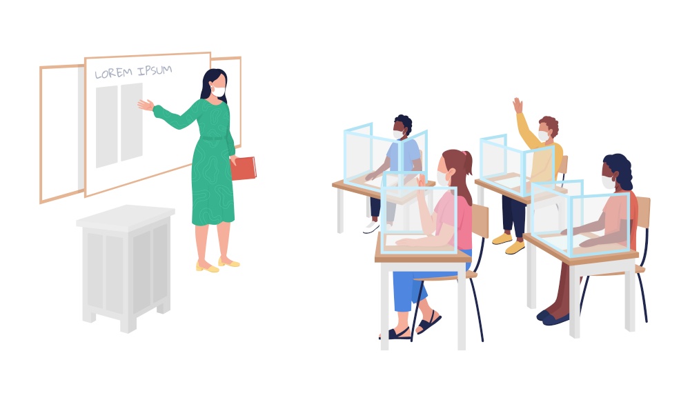 Return to school after pandemic semi flat color vector character. Pupils figures. Full body people on white. Students isolated modern cartoon style illustration for graphic design and animation. Return to school after pandemic semi flat color vector character