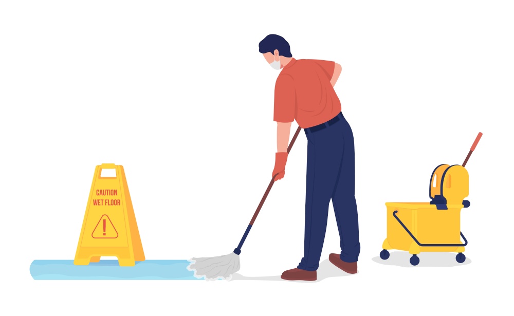 Janitor mopping floor semi flat color vector character. School cleaner figure. Full body person on white. Man in face mask isolated modern cartoon style illustration for graphic design and animation. Janitor mopping floor semi flat color vector character