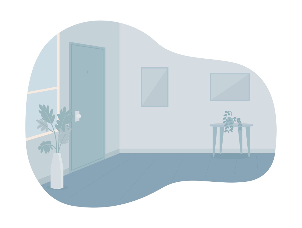 Empty room with closed door 2D vector isolated illustration. No people at place flat characters on cartoon background. Living room decoration interior. Nobody at comfortable dwelling colourful scene. Empty room with closed door 2D vector isolated illustration