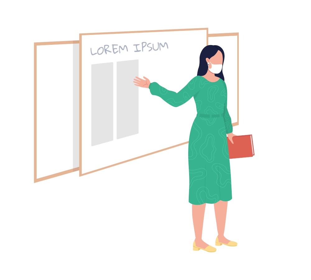 Female teacher stands in front of board semi flat color vector character. Tutor figure. Full body person on white. Lesson isolated modern cartoon style illustration for graphic design and animation. Female teacher stands in front of board semi flat color vector character