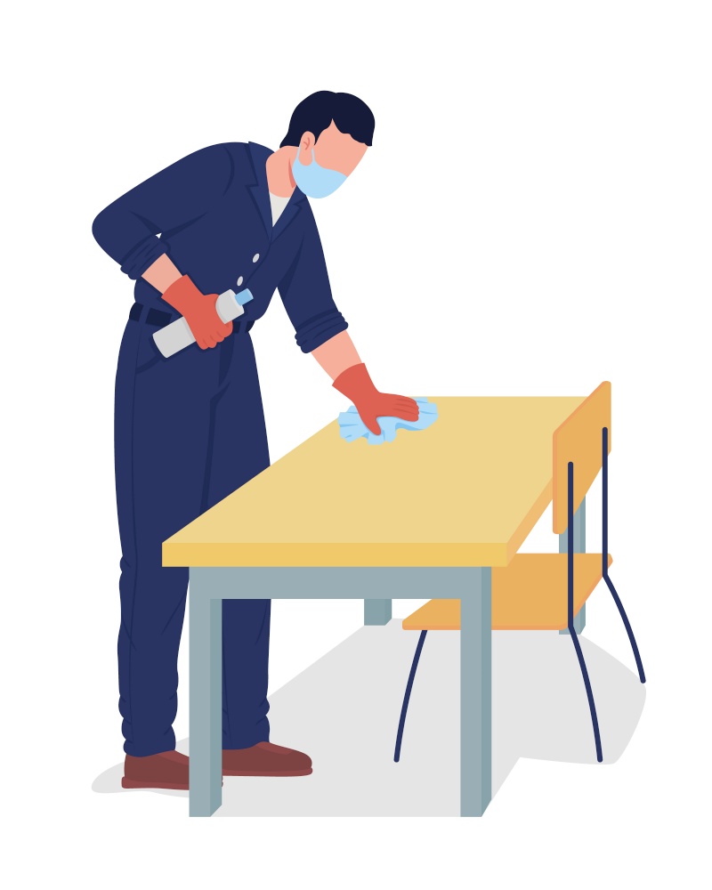 Janitor wipe desk surface semi flat color vector character. Male adult figure. Full body person on white. Covid precaution isolated modern cartoon style illustration for graphic design and animation. Janitor wipe desk surface semi flat color vector character