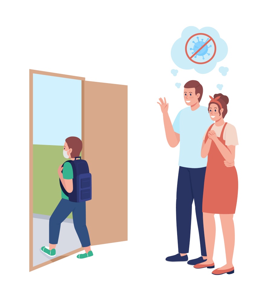 Mom and dad see son off to lesson semi flat color vector character. Happy family figure. Full body people on white. Pupil isolated modern cartoon style illustration for graphic design and animation. Mom and dad see son off to lesson semi flat color vector character