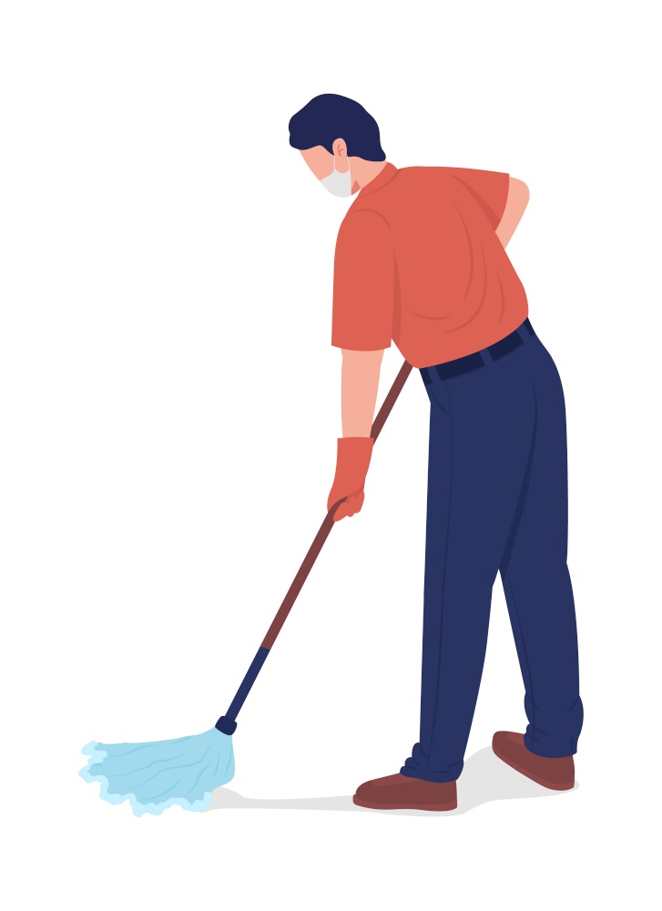 Cleaner mopping floor semi flat color vector character. Male with mop figure. Full body person on white. Man in face mask isolated modern cartoon style illustration for graphic design and animation. Cleaner mopping floor semi flat color vector character