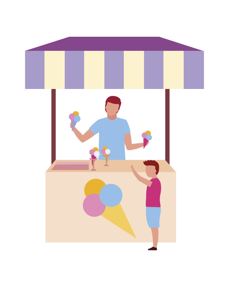 Ice cream vendor with kiosk semi flat color vector character. Full body people on white. Boy choosing frozen dessert isolated modern cartoon style illustration for graphic design and animation. Ice cream vendor with kiosk server semi flat color vector character