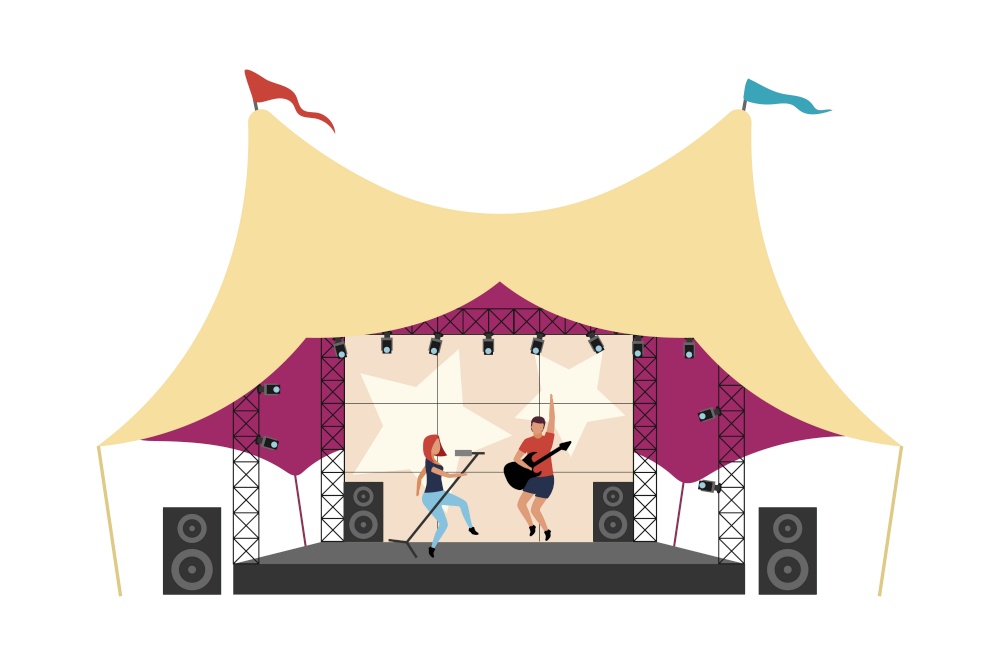 Music festival flat concept vector illustration. Music band performing on stage isolated 2D cartoon characters on white for web design. Festival performance. Outdoor entertainment creative idea. Music festival flat concept vector illustration