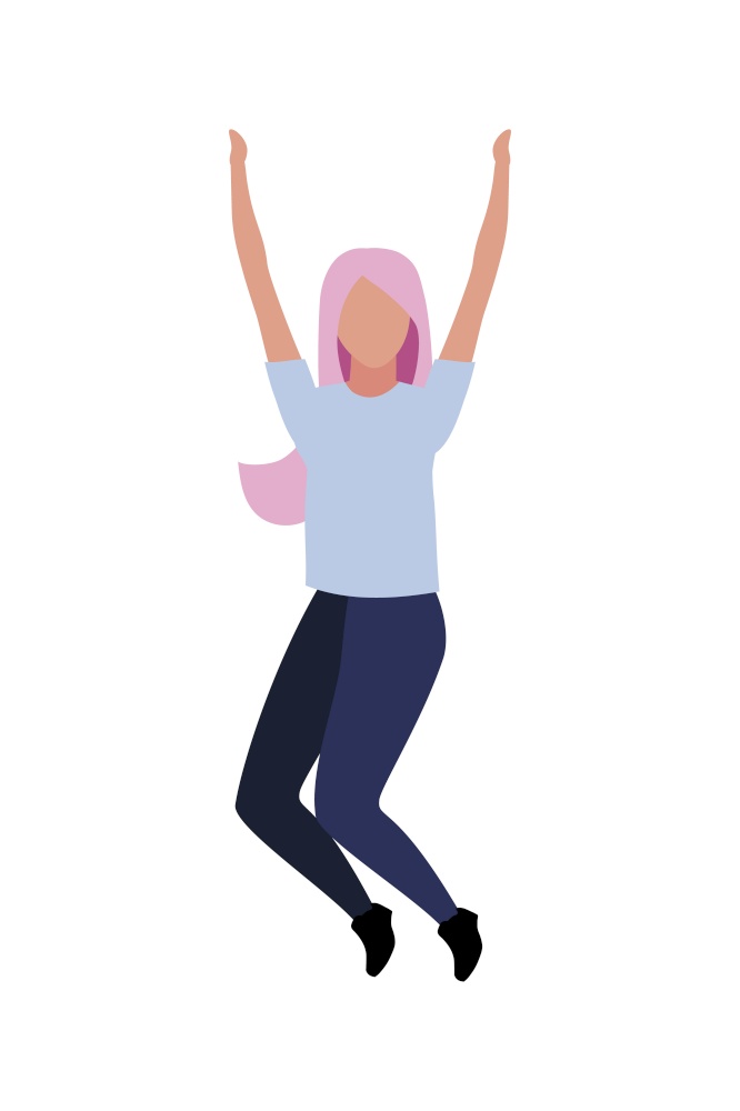 Young woman jumps for joy semi flat color vector character. Jumping figure. Full body person on white. Enjoying life isolated modern cartoon style illustration for graphic design and animation. Young woman jumps for joy semi flat color vector character