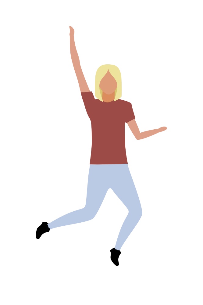 Woman jumping with hand up semi flat color vector character. Posing figure. Full body person on white. Dancing at concert isolated modern cartoon style illustration for graphic design and animation. Woman jumping with hand up semi flat color vector character