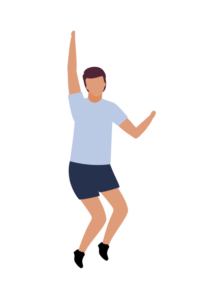 Young man jumps with hand up semi flat color vector character. Full body person on white. Music festival participant isolated modern cartoon style illustration for graphic design and animation. Young man jumps with hand up semi flat color vector character