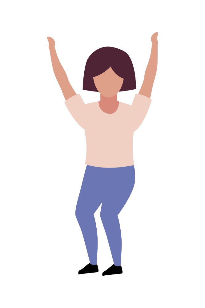 Little girl with hands up semi flat color vector character. Dancing figure. Full body person on white. Morning exercise isolated modern cartoon style illustration for graphic design and animation. Little girl with hands up semi flat color vector character