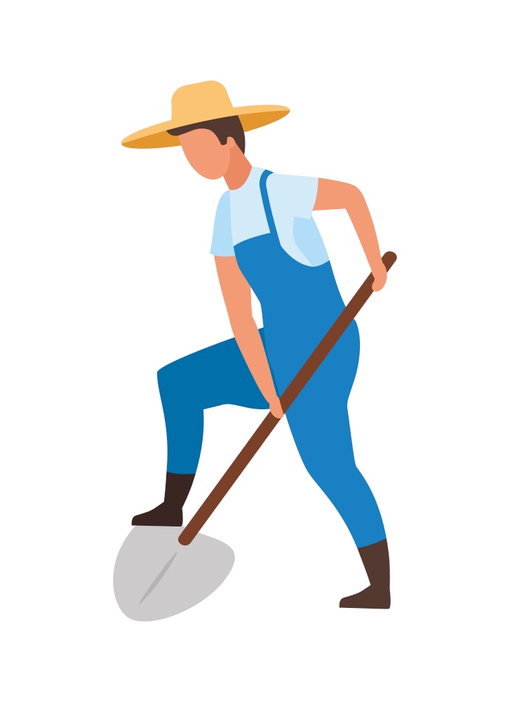 Farmer digging with shovel semi flat color vector character. Posing figure. Full body person on white. Gardening work isolated modern cartoon style illustration for graphic design and animation. Farmer digging with shovel semi flat color vector character