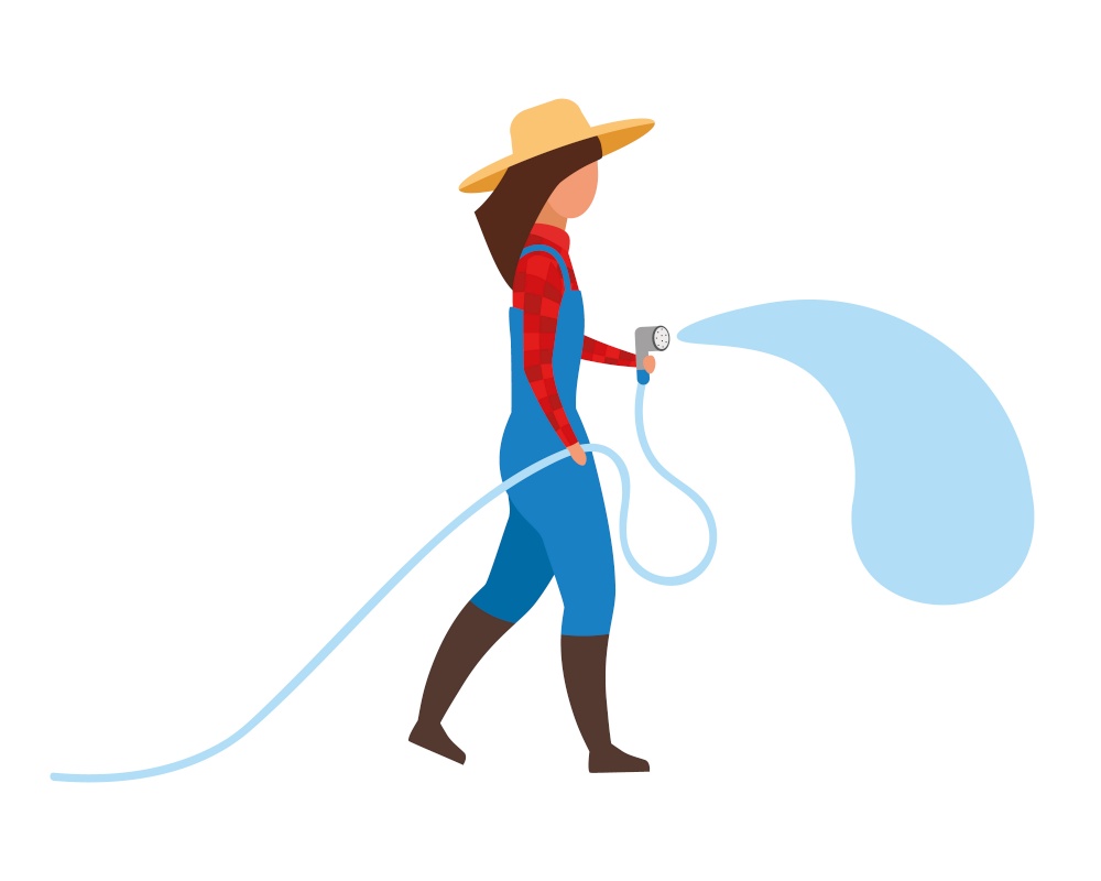 Female farmer with garden hose semi flat color vector character. Posing figure. Full body person on white. Watering plants isolated modern cartoon style illustration for graphic design and animation. Female farmer with garden hose semi flat color vector character