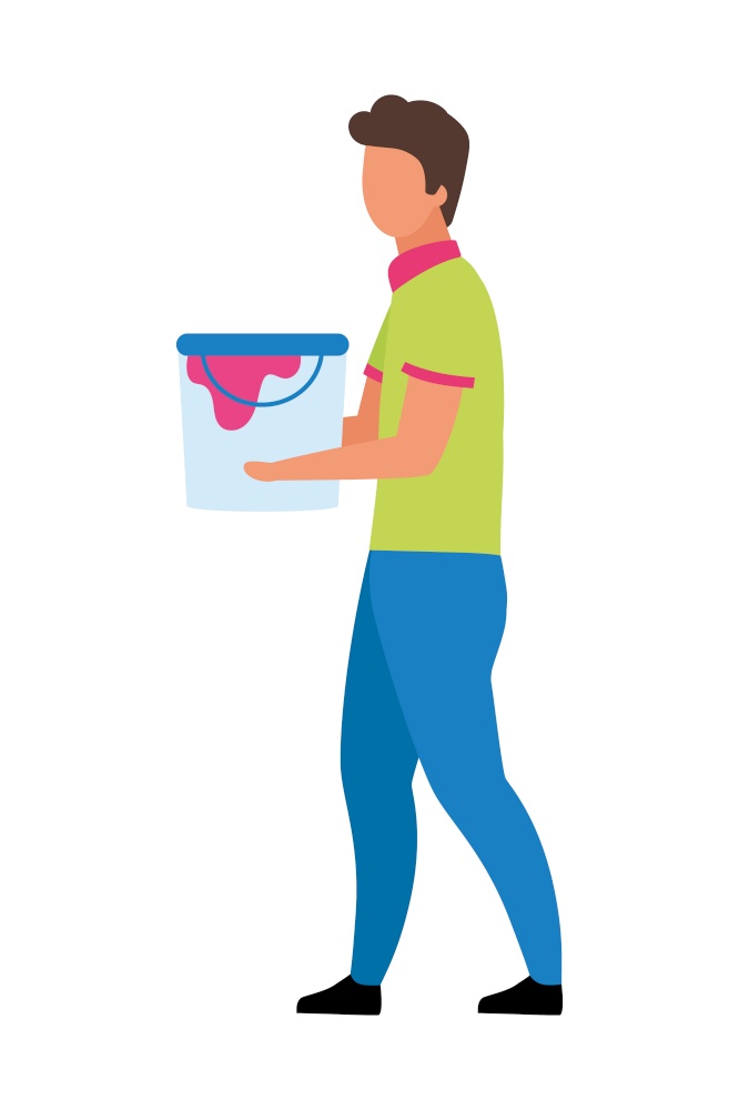 Young man with paint bucket semi flat color vector character. Walking figure. Full body person on white. Prep for painting isolated modern cartoon style illustration for graphic design and animation. Young man with paint bucket semi flat color vector character