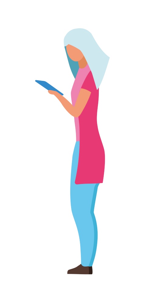 Woman looking at phone semi flat color vector character. Standing figure. Full body person on white. Smartphone addiction isolated modern cartoon style illustration for graphic design and animation. Woman looking at phone semi flat color vector character