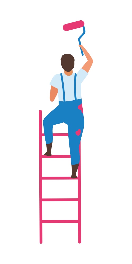 Man standing on ladder with paint roller with semi flat color vector character. Full body person on white. Wall painter isolated modern cartoon style illustration for graphic design and animation. Man standing on ladder with paint roller with semi flat color vector character