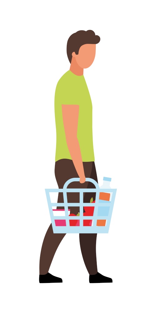 Man holding shopping basket semi flat color vector character. Posing figure. Full body person on white. Supermarket customer isolated modern cartoon style illustration for graphic design and animation. Man holding shopping basket semi flat color vector character