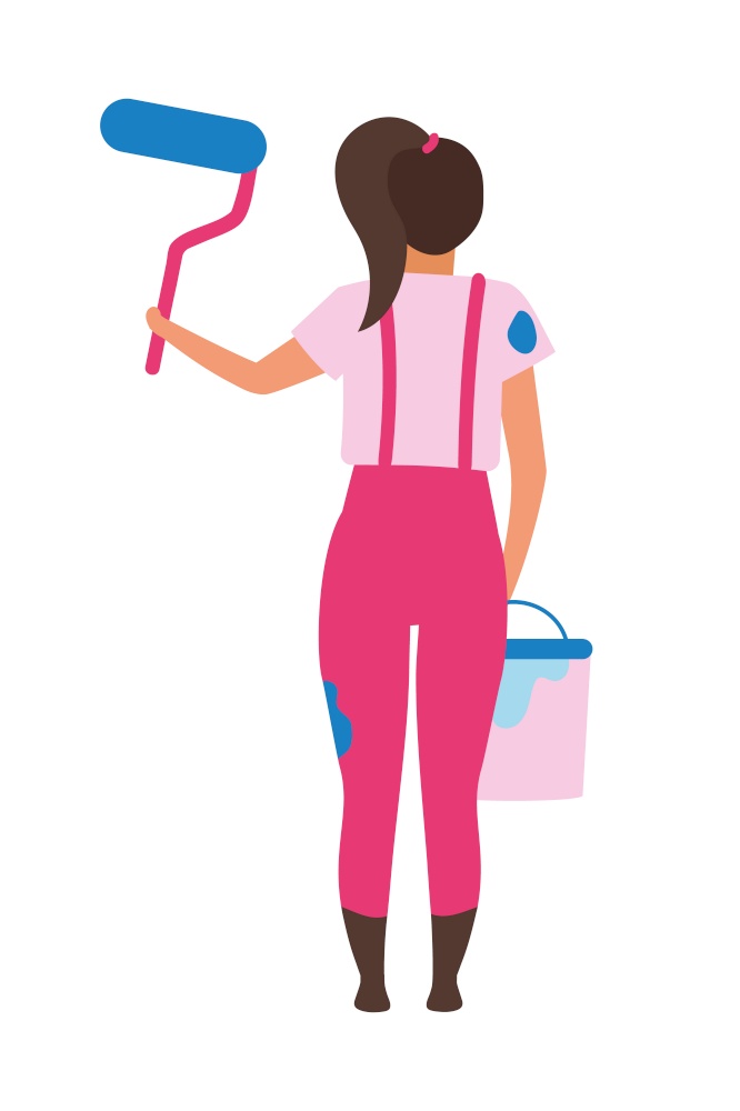 Girl with paint roller semi flat color vector character. Standing figure. Full body person on white. Painting walls at home isolated modern cartoon style illustration for graphic design and animation. Girl with paint roller semi flat color vector character