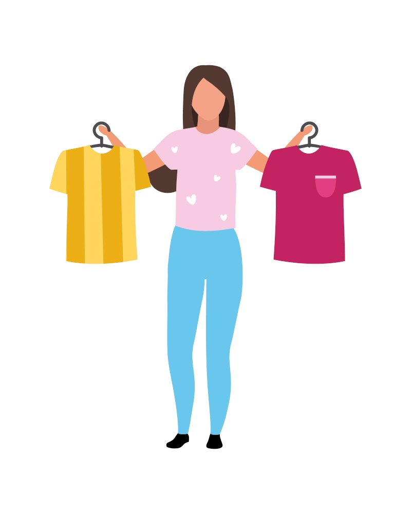 Girl helps with t shirts choosing semi flat color vector character. Full body person on white. Visit to clothing boutique isolated modern cartoon style illustration for graphic design and animation. Girl helps with t shirts choosing semi flat color vector character