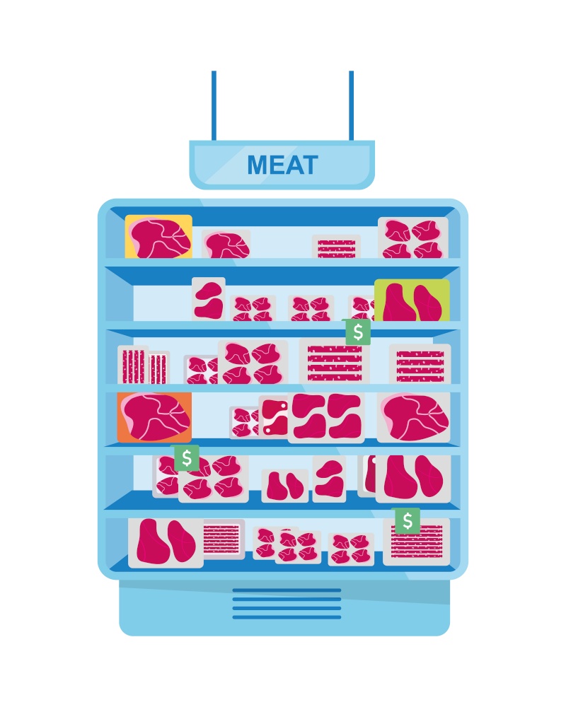 Meat refrigerator for supermarket semi flat color vector object. Full sized item on white. Meat freezer. Fresh food storage isolated modern cartoon style illustration for graphic design and animation. Meat refrigerator for supermarket semi flat color vector object