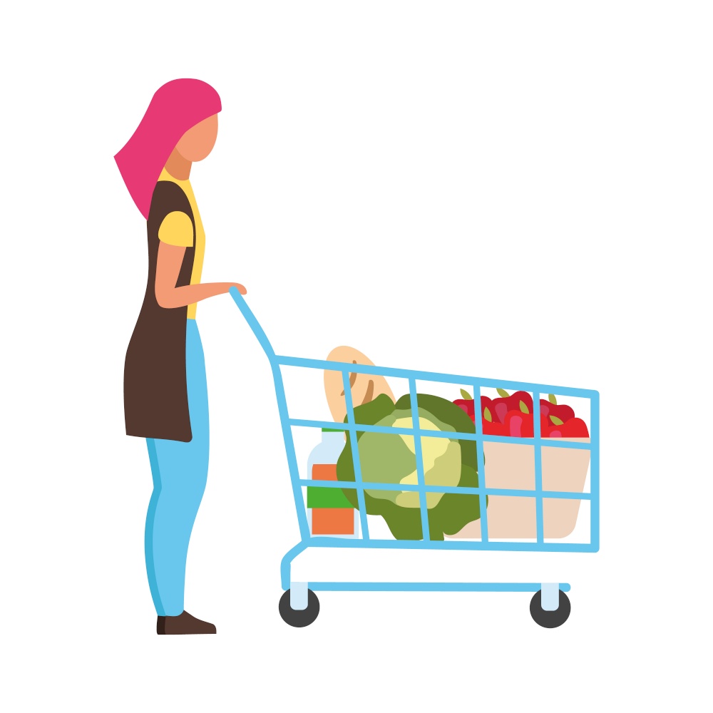 Woman with shopping cart semi flat color vector character. Standing figure. Full body person on white. Visit to supermarket isolated modern cartoon style illustration for graphic design and animation. Woman with shopping cart semi flat color vector character