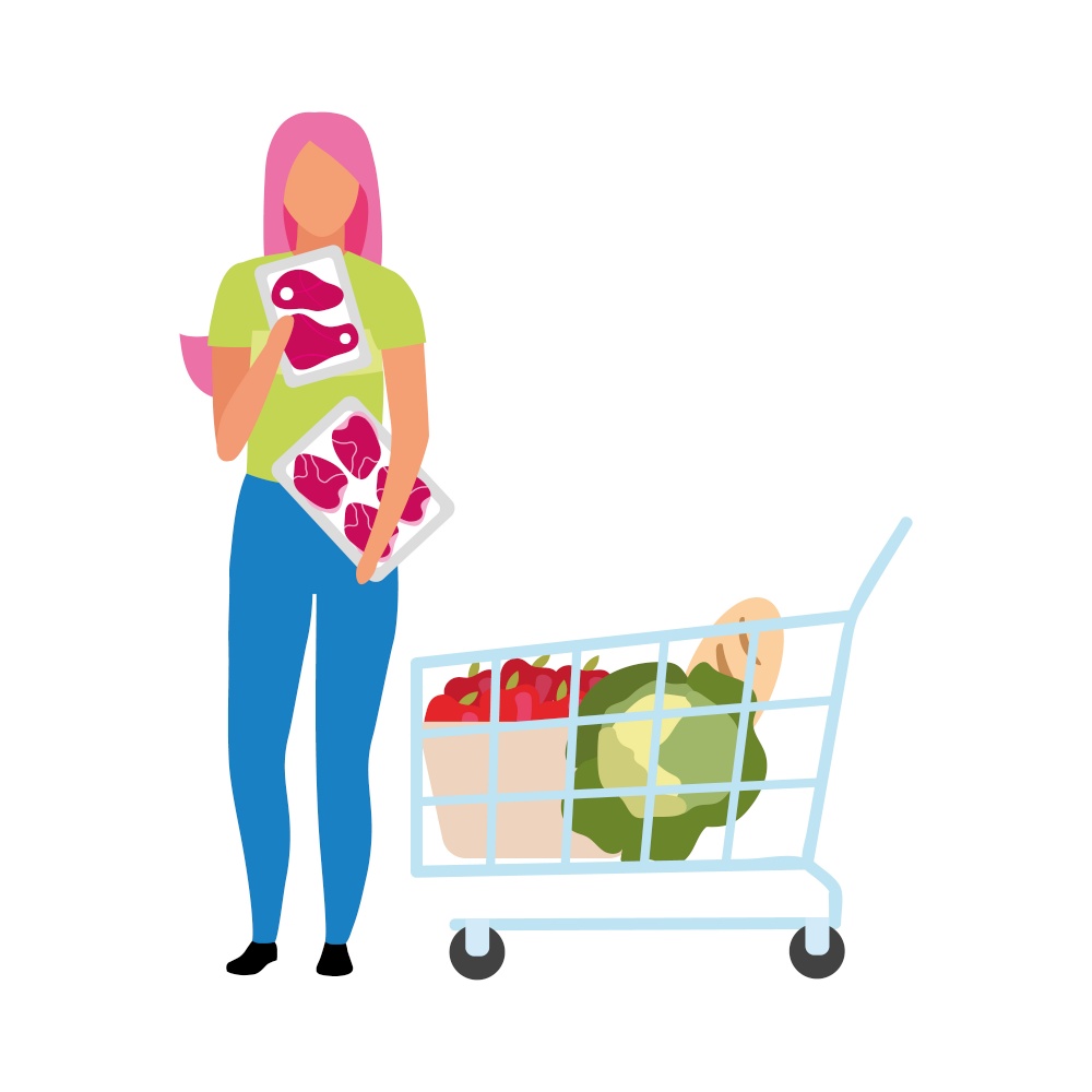 Girl choosing fresh meat at supermarket semi flat color vector character. Full body person on white. Conscious consumer isolated modern cartoon style illustration for graphic design and animation. Girl choosing fresh meat at supermarket semi flat color vector character