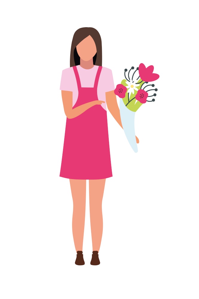 Young woman with flower bouquet semi flat color vector character. Full body person on white. Freelance florist isolated modern cartoon style illustration for graphic design and animation. Young woman with flower bouquet semi flat color vector character