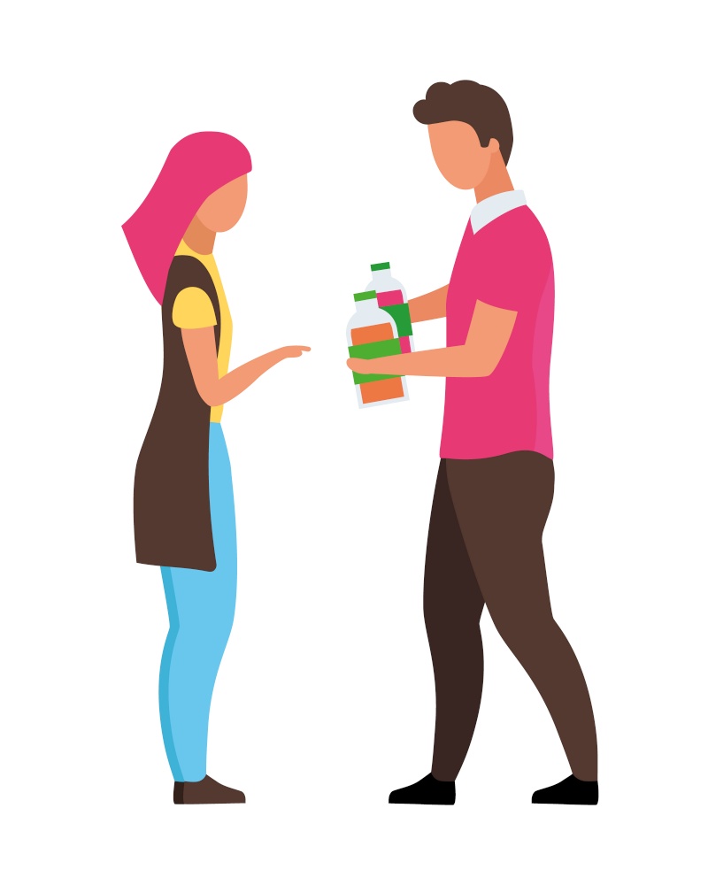Man suggesting drinks to woman semi flat color vector characters. Full body people on white. Shop assistant helping girl isolated modern cartoon style illustration for graphic design and animation. Man suggesting drinks to woman semi flat color vector characters