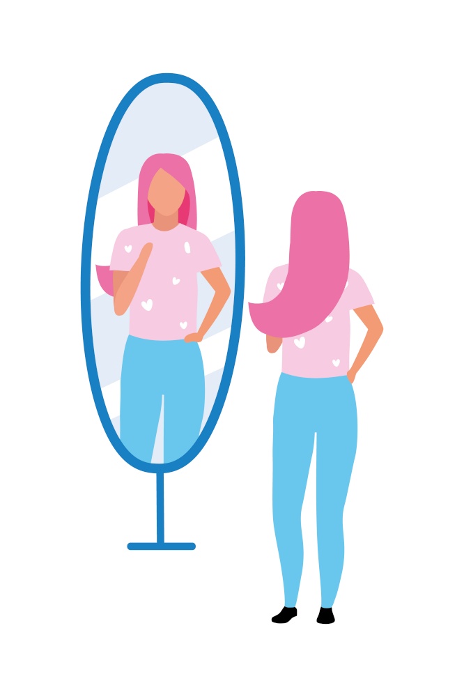 Young woman looking at mirror semi flat color vector character. Full body person on white. Girl trying on clothes in store isolated modern cartoon style illustration for graphic design and animation. Young woman looking at mirror semi flat color vector character